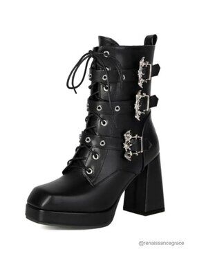 Gothic Platform Combat Boots Chunky High Heeled Ankle Boots PU Leather